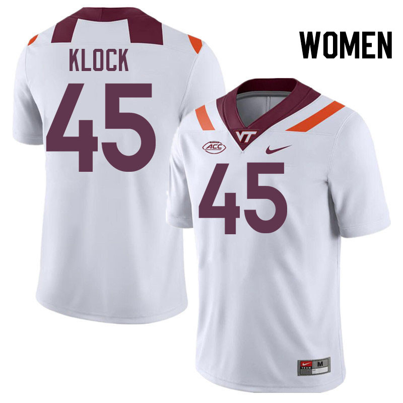 Women #45 Elijah Klock Virginia Tech Hokies College Football Jerseys Stitched-White